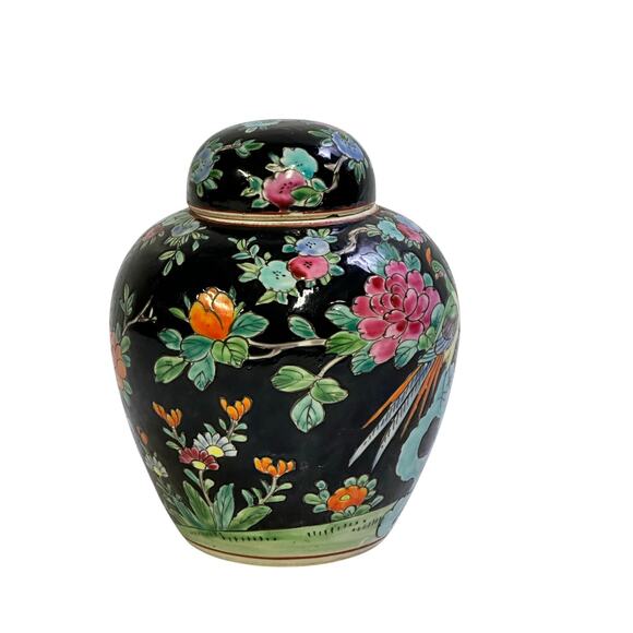 Japan MidCentury Vintage Porcelain Famille Noire Style Floral Peacock Ginger Jar - Picture 4 of 9